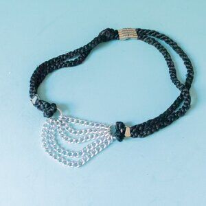 Vintage Silver Chain Black Braided Rope Clip Waist Accent Belt